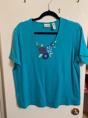 Classic Elements Turquoise Short-Sleeve V-Neck Top with Floral Embroidery